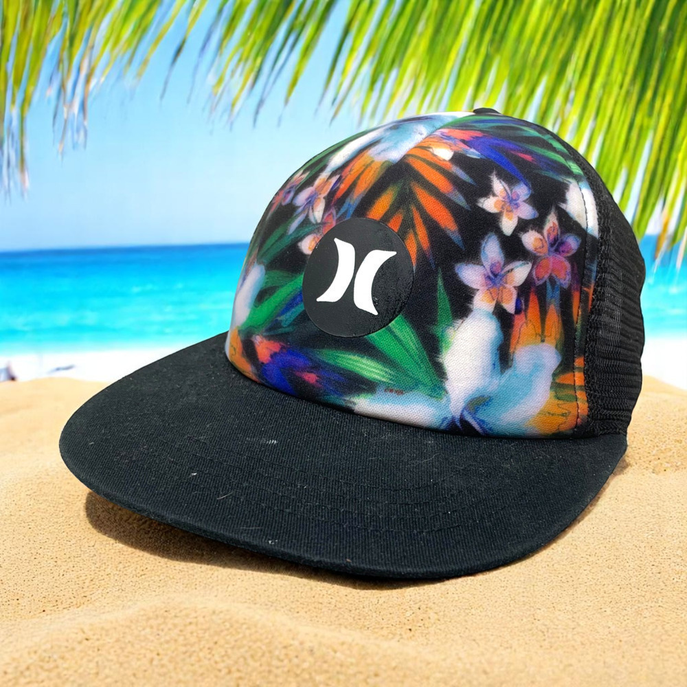 Hurley Tropical Floral Print Black Mesh Snapback Trucker Hat Cap Skater Beach